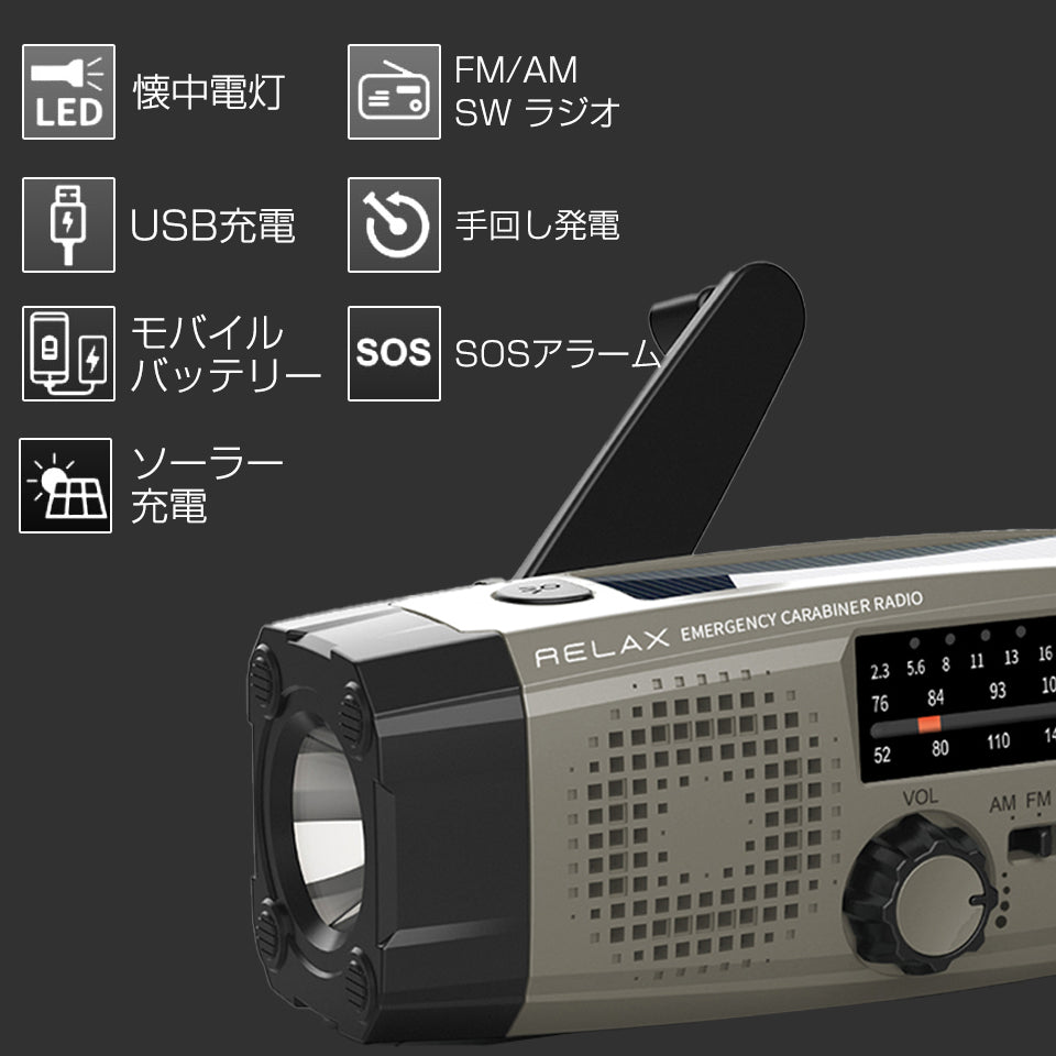 【多機能】・懐中電灯・USB充電・モバイルバッテリー・ソーラー充電・FM/AM SMラジオ・手回し発電・SOSアラーム