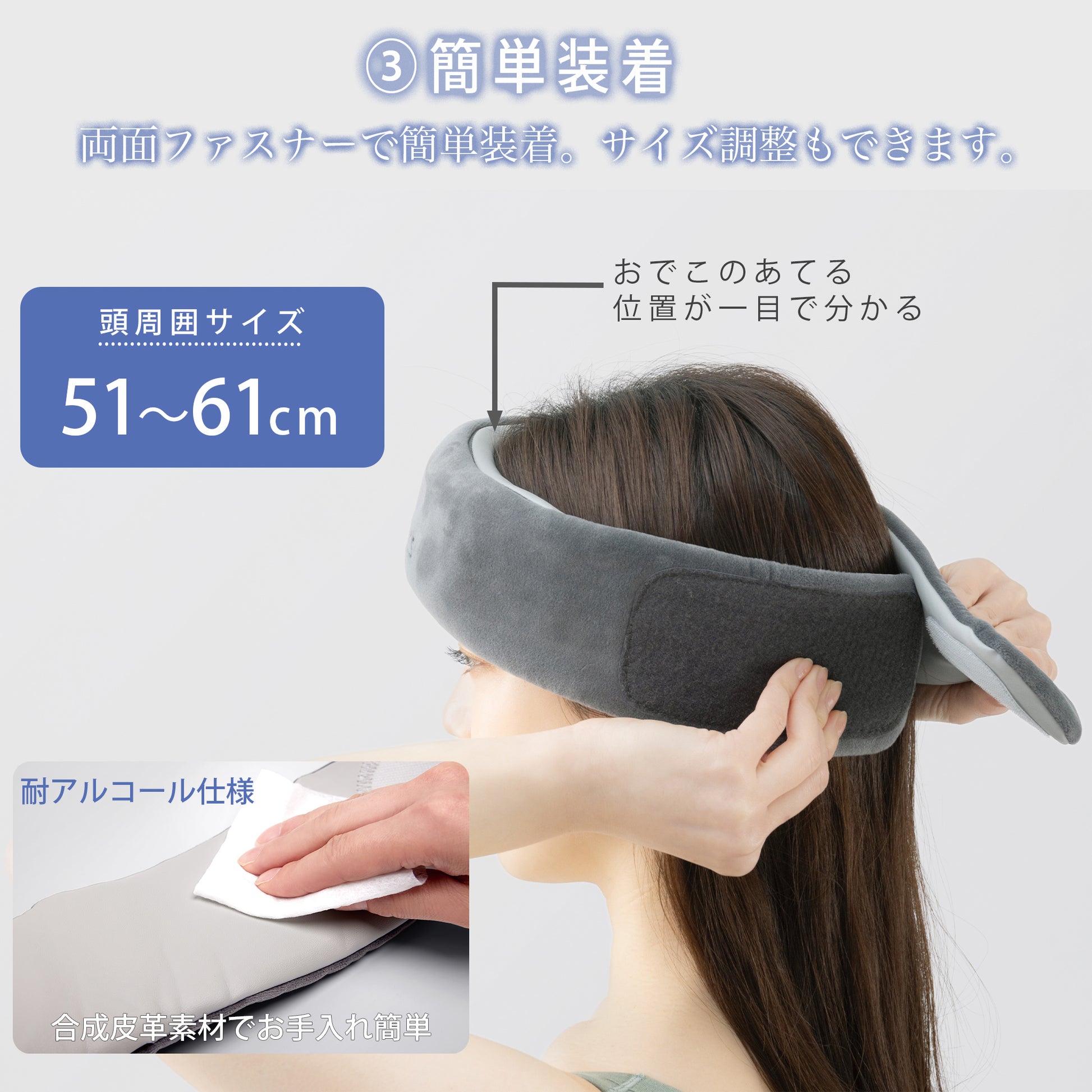 「マドロムーン AX-HX345 機能説明図」- ③簡単装着 両面ファスナーで簡単装着。サイズ調整もできます。