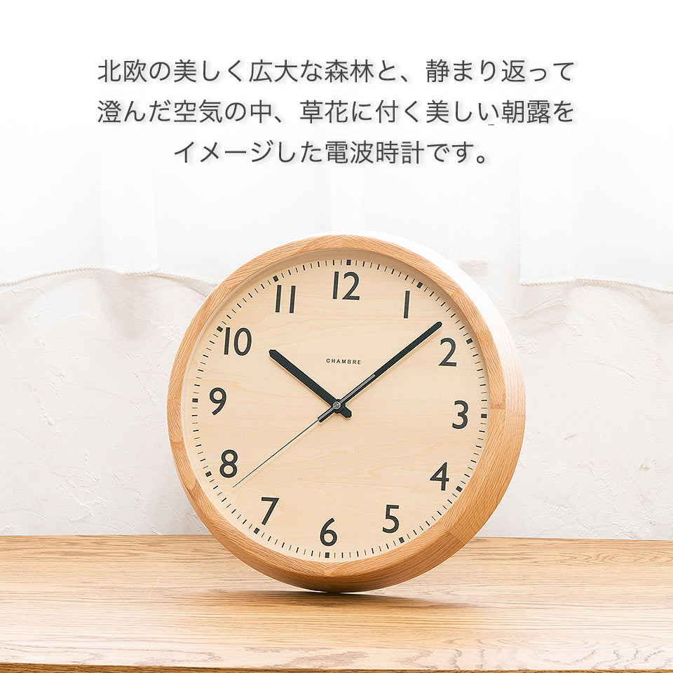 北欧の美しく広大な森林と、静まり返って澄んだ空気の中、草花に付く美しい朝露をイメージした電波時計です。