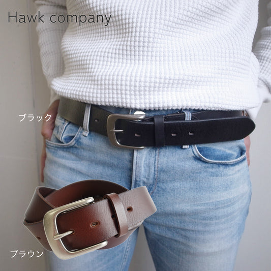 Hawk Company 本皮レザーベルト351 - ニッケルバックル付きレザーベルト　ブラック/ブラウン