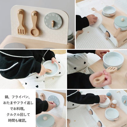 木製キッチンセット 鍋とフライパンでおままごと遊び
